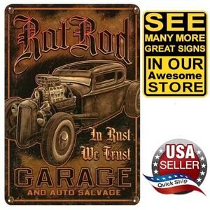 Tin Sign • Rat Rod Blown Hemi • Auto Salvage & Garage • In Rust We Trust • 8x12